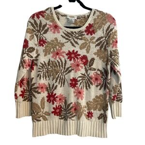 Talbots Floral Knit Sweater Womens Crew‎ Neck Long Sleeve Beige Red Cottagecore